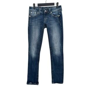 Miss Me Women's Embellished Pocket Straight Leg Distress  Medium Wash Jeans Sz25
